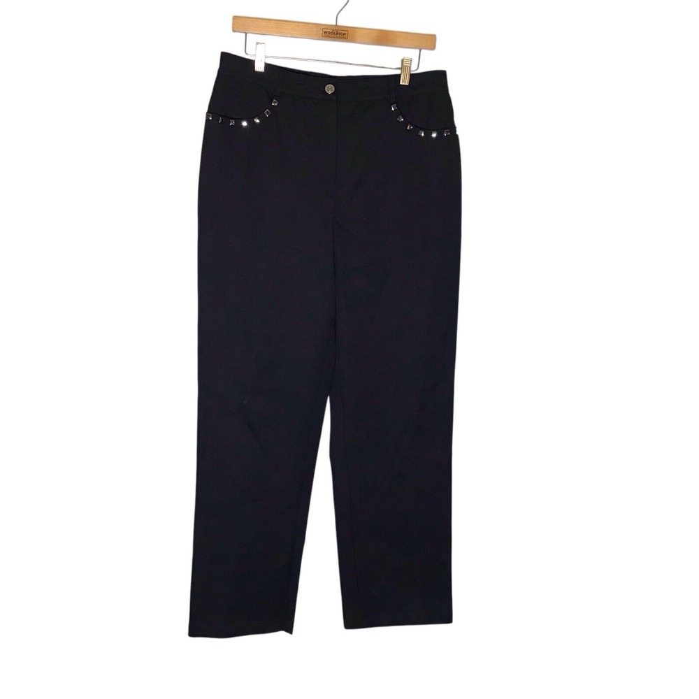 St. John Sport Womens Black Cotton Silver Studs Side Stripe Casual Pants Sz 12